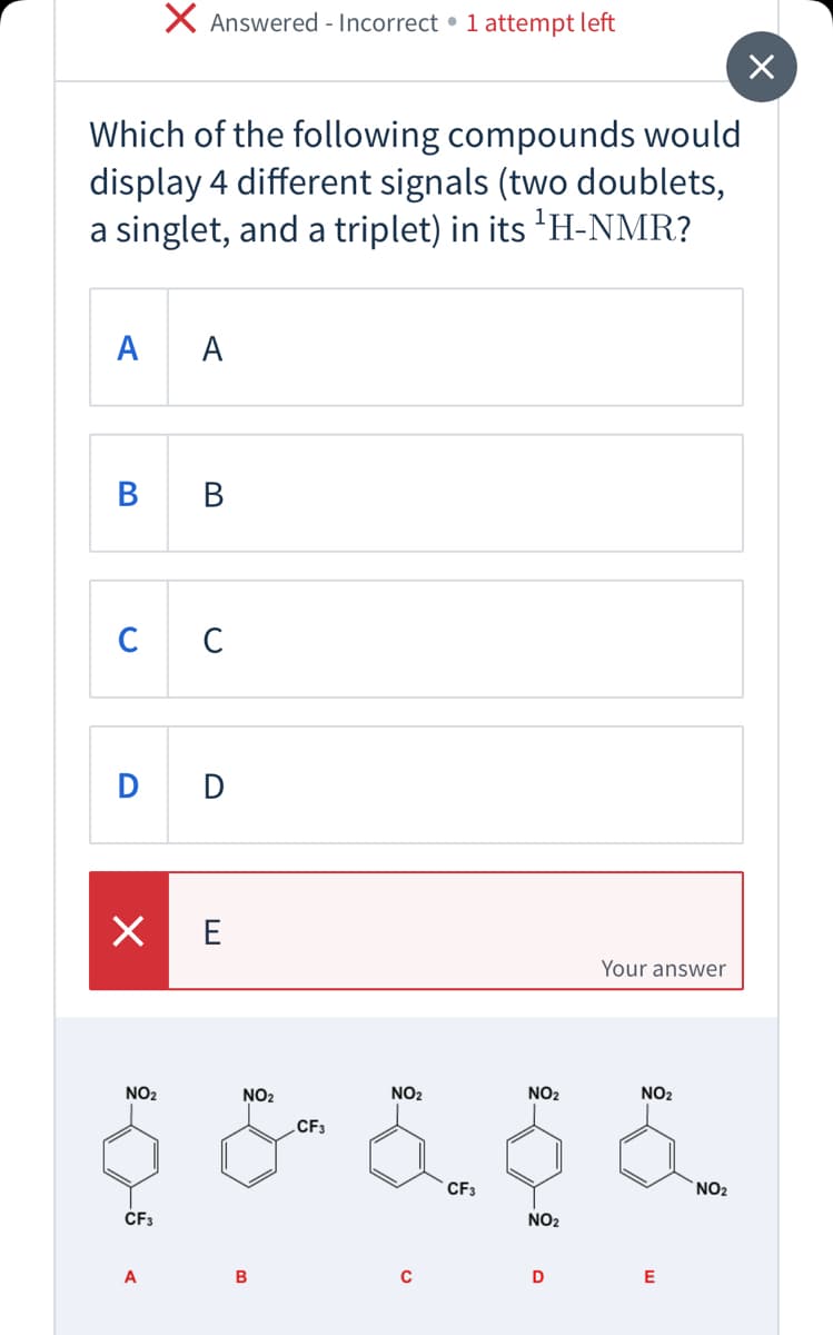 X Answered - Incorrect • 1 attempt left
Which of the following compounds would
display 4 different signals (two doublets,
a singlet, and a triplet) in its 'H-NMR?
A
А
в в
C
C
D D
X E
Your answer
NO2
NO2
NO2
NO2
NO2
CF3
CF3
NO2
CF3
NO2
A
B
D
E
