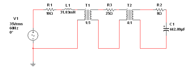 R1
L1
T1
R3
T2
R2
31.83mH
100
250
80
V1
1:5
4:1
35Vrms
60H z
C1
442.09µF
0°
-Mow
