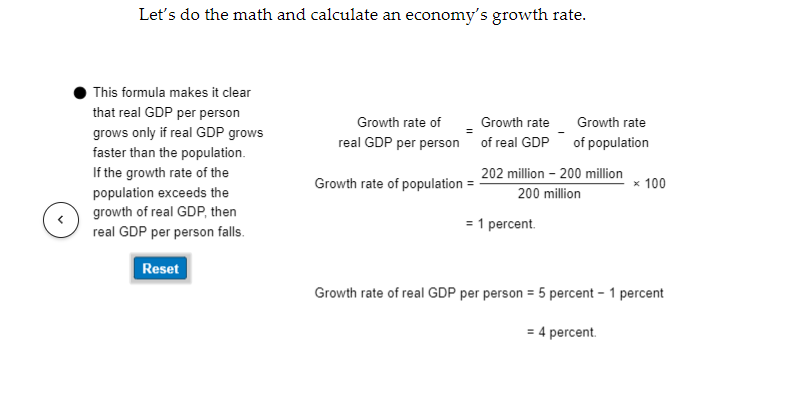 Let's do the math and calculate an economy's growth rate.
This formula makes it clear
that real GDP per person
grows only if real GDP grows
faster than the population.
If the growth rate of the
population exceeds the
growth of real GDP, then
real GDP per person falls.
Reset
Growth rate of
real GDP per person
Growth rate of population =
Growth rate
of real GDP
Growth rate
of population
202 million - 200 million
200 million
= 1 percent.
* 100
Growth rate of real GDP per person = 5 percent - 1 percent
= 4 percent.