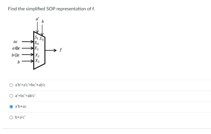 Find the simplified SOP representation of f.
ac
ac
boc
b
S₁ So
Xo
→X₁
O a'b'+a'c'+bc'+ab'c
a'b+ac
X₂
X3
a'+bc'+ab'c'
O b+a'c'