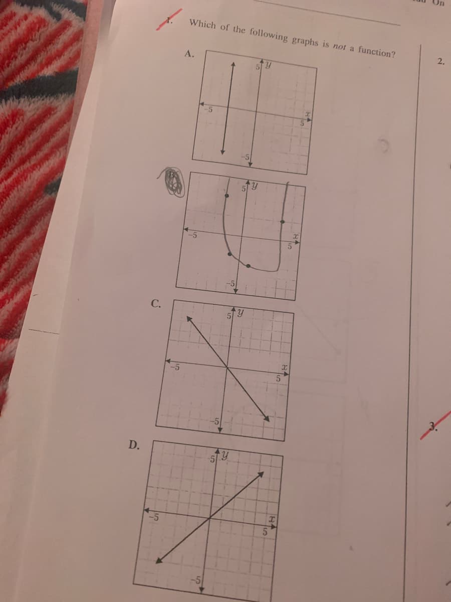 Un
Which of the following graphs is not a function?
2.
A.
-5
С.
y.
D.
-5
-5
