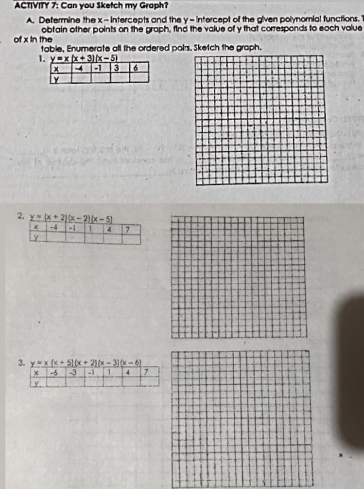 ACTIVITY 7: Can you Sketch my Graph?
A. Determine the x-intercepts and the y-Intercept of the glven polynomial tunctions. T
obtain other points on the graph, find the value of y that corresponds to each value
of x In the
table, Enumerate all the ordered polrs. Sketch the graph.
1. y=x(x+3)x-5)
14 -1
3
2. y (x + 2)(x- 2){x- 5)
x-4 -1
y
17
3. y=x (x+5(x+21(x-3)(x-6)
7
-6 -3 -111
LY.
4.
