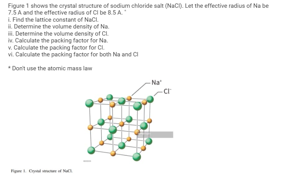 Figure 1 shows the crystal structure of sodium chloride salt (NaCI). Let the effective radius of Na be
7.5 A and the effective radius of Cl be 8.5 A.
i. Find the lattice constant of NaCl.
ii. Determine the volume density of Na.
iii. Determine the volume density of Cl.
iv. Calculate the packing factor for Na.
v. Calculate the packing factor for Cl.
vi. Calculate the packing factor for both Na and CI
* Don't use the atomic mass law
Nat
Figure 1. Crystal structure of NaCI.
