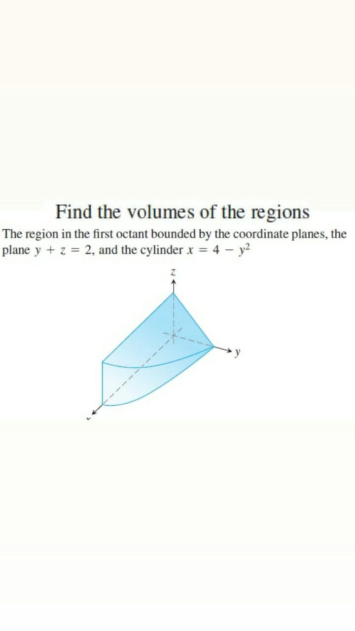 Find the volumes of the regions
The region in the first octant bounded by the coordinate planes, the
plane y + z = 2, and the cylinder x = 4 - y²