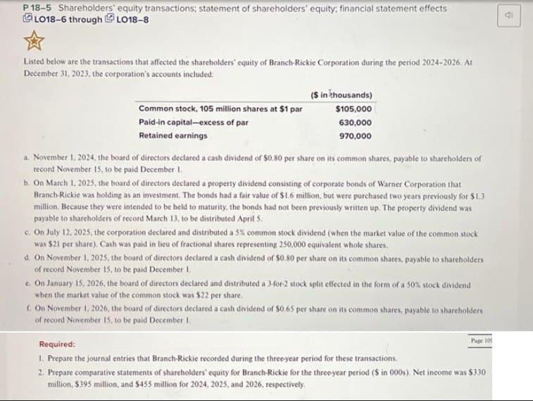 P 18-5 Shareholders' equity transactions; statement of shareholders' equity; financial statement effects
LO18-6 through LO18-8
Listed below are the transactions that affected the shareholders' equity of Branch-Rickie Corporation during the period 2024-2026. At
December 31, 2023, the corporation's accounts included:
Common stock, 105 million shares at $1 par
Paid-in capital-excess of par
Retained earnings
($ in thousands)
$105,000
630,000
970,000
a November 1, 2024, the board of directors declared a cash dividend of $0.80 per share on its common shares, payable to shareholders of
record November 15, to be paid December 1.
b. On March 1, 2025, the board of directors declared a property dividend consisting of corporate bonds of Warner Corporation that
Branch-Rickie was holding as an investment. The bonds had a fair value of $1.6 million, but were purchased two years previously for $1.3
million. Because they were intended to be held to maturity, the bonds had not been previously written up. The property dividend was
payable to shareholders of record March 13, to be distributed April S.
c. On July 12, 2025, the corporation declared and distributed a 5% common stock dividend (when the market value of the common stock
was $21 per share). Cash was paid in lieu of fractional shares representing 250,000 equivalent whole shares.
d. On November 1, 2025, the board of directors declared a cash dividend of $0.80 per share on its common shares, payable to shareholders
of record November 15, to be paid December 1.
e. On January 15, 2026, the board of directors declared and distributed a 3-for-2 stock split effected in the form of a 50% stock dividend
when the market value of the common stock was $22 per share.
f. On November 1, 2026, the board of directors declared a cash dividend of $0.65 per share on its common shares, payable to shareholders
of record November 15, to be paid December 1.
Page 105
Required:
1. Prepare the journal entries that Branch-Rickie recorded during the three-year period for these transactions.
2. Prepare comparative statements of shareholders' equity for Branch-Rickie for the three-year period (Sin 000s). Net income was $330
million, $395 million, and $455 million for 2024, 2025, and 2026, respectively.
4