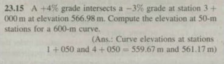 23.15 A +4% grade intersects a -3% grade at station 3+
000m at elevation 566.98 m. Compute the elevation at 50-m
stations for a 600-m curve.
(Ans.: Curve elevations at stations
1+ 050 and 4+050 = 559.67 m and 561.17 m)
