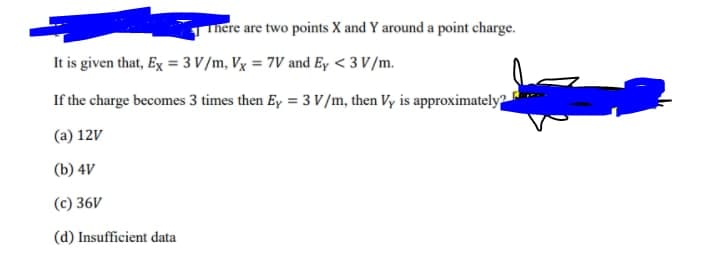 There are two points X and Y around a point charge.
It is given that, Ex = 3 V/m, Vỵ = 7V and Ey < 3 V/m.
If the charge becomes 3 times then Ey = 3 V/m, then Vy is approximately
(a) 12V
(b) 4V
(c) 36V
(d) Insufficient data
