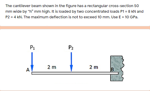 The cantilever beam shown in the figure has a rectangular cross-section 50
mm wide by "h" mm high. It is loaded by two concentrated loads P1 = 8 kN and
P2 = 4 kN. The maximum deflection is not to exceed 10 mm. Use E = 10 GPa.
P1
P2
2 m
2 m
A
