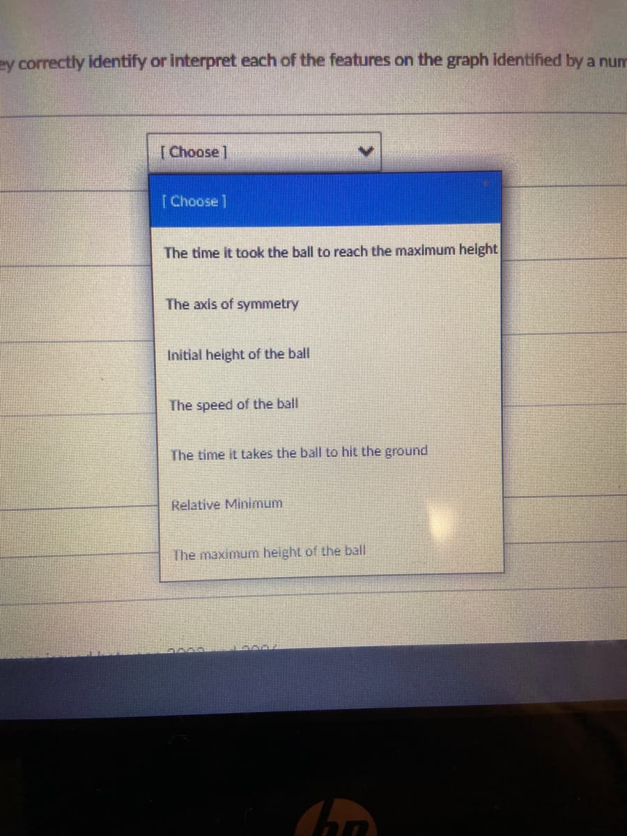 ey correctly identify or interpret each of the features on the graph identified by a num
[Choose]
| Choose ]
The time it took the ball to reach the maximum helght
The axis of symmetry
Initial helght of the ball
The speed of the ball
The time it takes the ball to hit the ground
Relative Minimum
The maximum height of the ball
