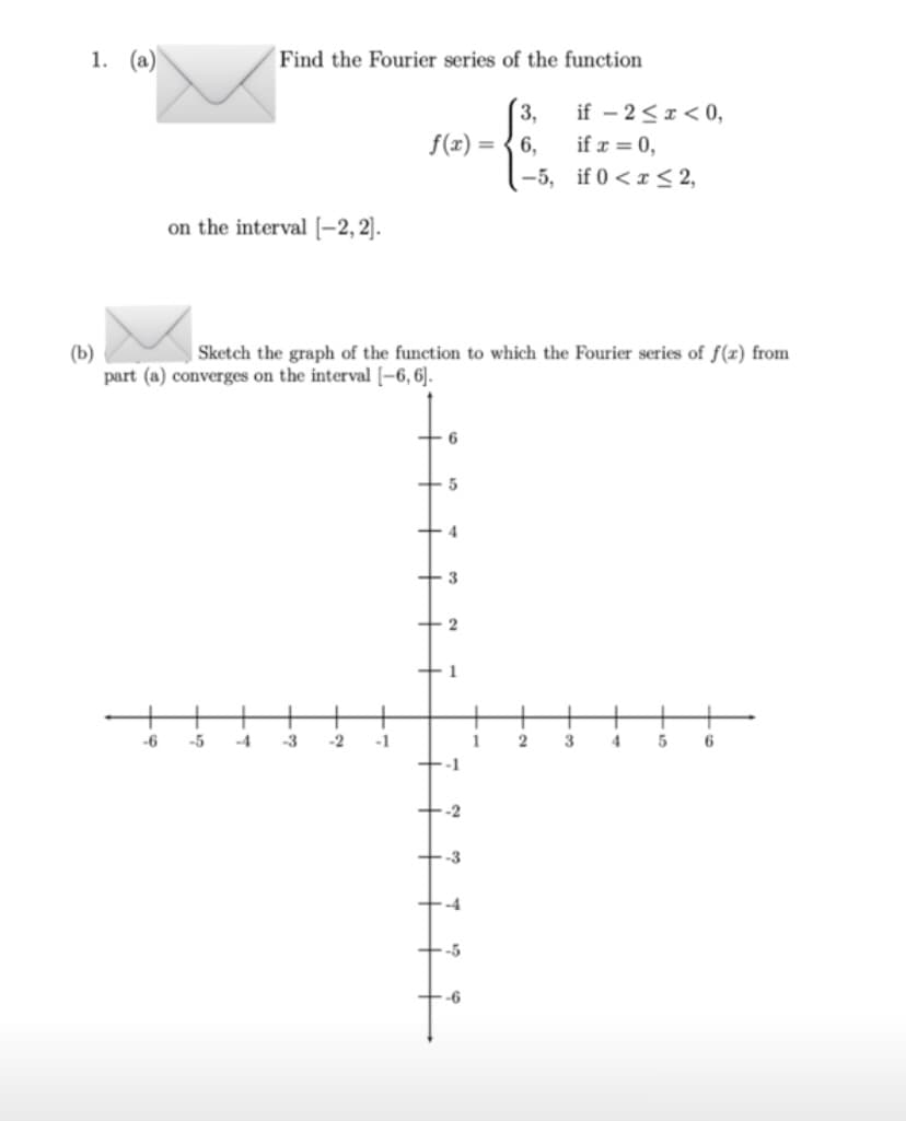 1. (a)
Find the Fourier series of the function
3,
if – 2<x < 0,
f(x) = { 6,
if r = 0,
-5, if 0 <r < 2,
on the interval [-2, 2].
(b)
part (a) converges on the interval (-6, 6].
Sketch the graph of the function to which the Fourier series of f(x) from
4.
+3
1
+
-6
-5
-4
-3
-2
-1
4
6
-1
+-2
+-3
+-4
+-5
