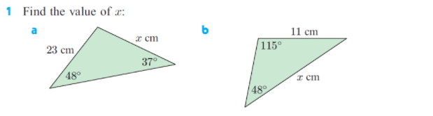 1 Find the value of æ:
a
x cm
11 cm
23 cm
115°
37
48°
I cm
48°
