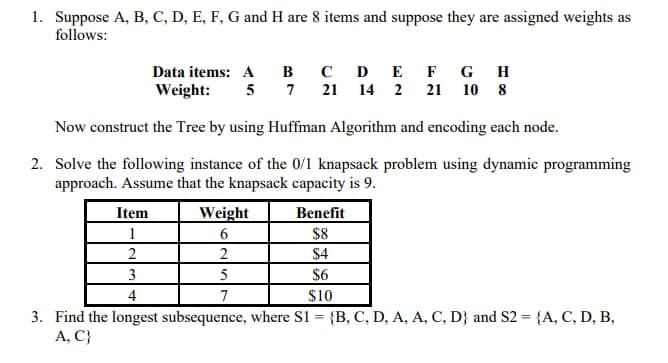 1. Suppose A, B, C, D, E, F, G and H are 8 items and suppose they are assigned weights as
follows:
Data items: A в сD E FG H
Weight:
5 7 21 14 2 21 10 8
Now construct the Tree by using Huffman Algorithm and encoding each node.
2. Solve the following instance of the 0/1 knapsack problem using dynamic programming
approach. Assume that the knapsack capacity is 9.
Item
Weight
Benefit
1
$8
2
2
$4
3
5
$6
4
7
$10
3. Find the longest subsequence, where S1 = {B, C, D, A, A, C, D} and S2 = {A, C, D, B,
A, C}
%3D
