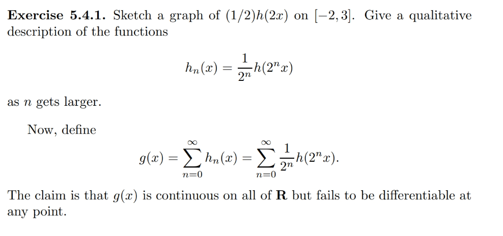 Exercise 5.4.1. Sketch a graph of (1/2)h(2x) on [−2,3]. Give a qualitative
description of the functions
hn(x) = ——h(2
-h(2x)
as n gets larger.
Now, define
∞
∞
1
g(x) = hn(x) =
=
2n
Σ 2, h(22).
n=0
n=0
The claim is that g(x) is continuous on all of R but fails to be differentiable at
any point.