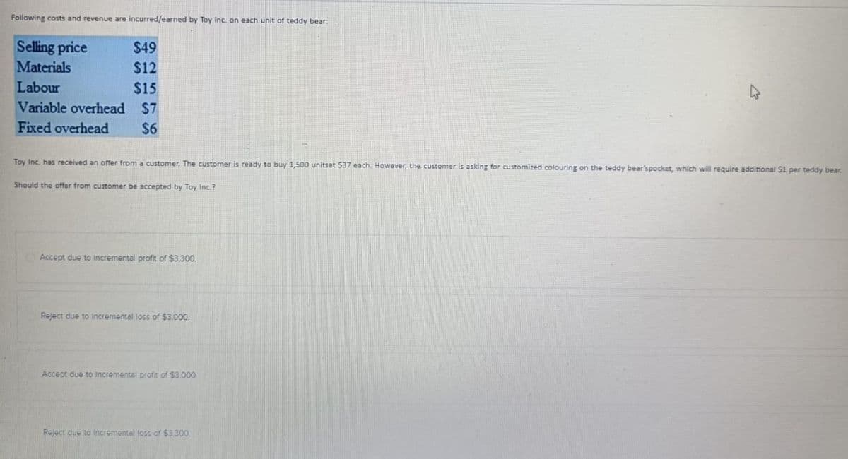 Following costs and revenue are incurred/earned by Toy inc. on each unit of teddy bear:
Selling price
Materials
$49
$12
Labour
$15
Variable overhead
Fixed overhead
$7
$6
Toy Inc. has received an offer from a customer. The customer is ready to buy 1,500 unitsat $37 each. However, the customer is asking for customized colouring on the teddy bear'spocket, which will require additional $1 per teddy bear.
Should the offer from customer be accepted by Toy Inc.?
Accept due to Incremental profit of $3,300.
Reject due to Incremental loss of $3,000.
Accept due to Incremental profit of $3,000
Reject due to incremental loss of $3,300