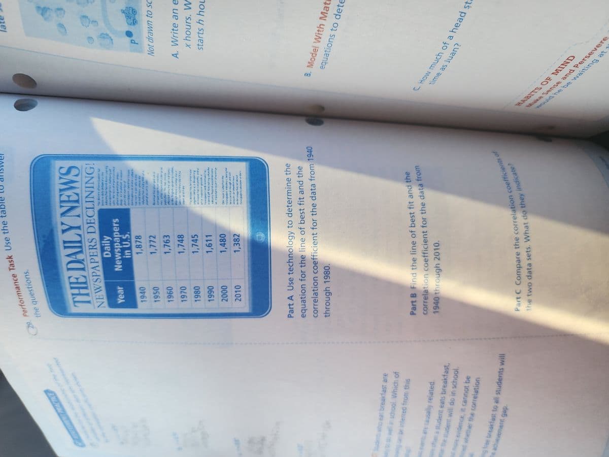 SESSMENT PRACTICE
A
tented
Students who eat breakfast are
kely to do well in school. Which of
owing can be inferred from this
wo events are causally related.
ore often a student eats breakfast,
etter the student will do in school.
more evidence, it cannot be
ned whether the correlation
ng free breakfast to all students will
he achievement gap.
(29. Performance Task Use the tab
the questions.
THE DAILY NEWS
NEWSPAPERS DECLINING!
Year
1940
1950
1960
1970
1980
1990
2000
2010
Daily
Newspapers
in U.S.
1,878
1,772
1,763
1,748
1,745
1,611
1,480
1,382
The decirt of new
dely deber
drog: K
news
barkas
duty d* of
**uered aldes pr
puche Th hat stritty
feed only the United States
though there is a lange
sales forcave the Cha
The debate has become M
genomly a deepening
pecession hat evt res and
ance explosive growth
veled off foretall ng what the
One whether the
newspaper hdstry being
by a cyciel rough and will
technology has her deed
newspaper obrol
Part A Use technology to determine the
equation for the line of best fit and the
correlation coefficient for the data from 1940
through 1980.
Part B Find the line of best fit and the
correlation coefficient for the data from
1940 through 2010.
Part C Compare the correlation coefficients of
the two data sets. What do they indicate?
HABITS OF MIND
would he be waiting at
Make Sense and Persevere
P
Not drawn to sc
A. Write an e
x hours. W
starts h hou
time as Juan?
C. How much of a head st
B. Model With Math
equations to dete
