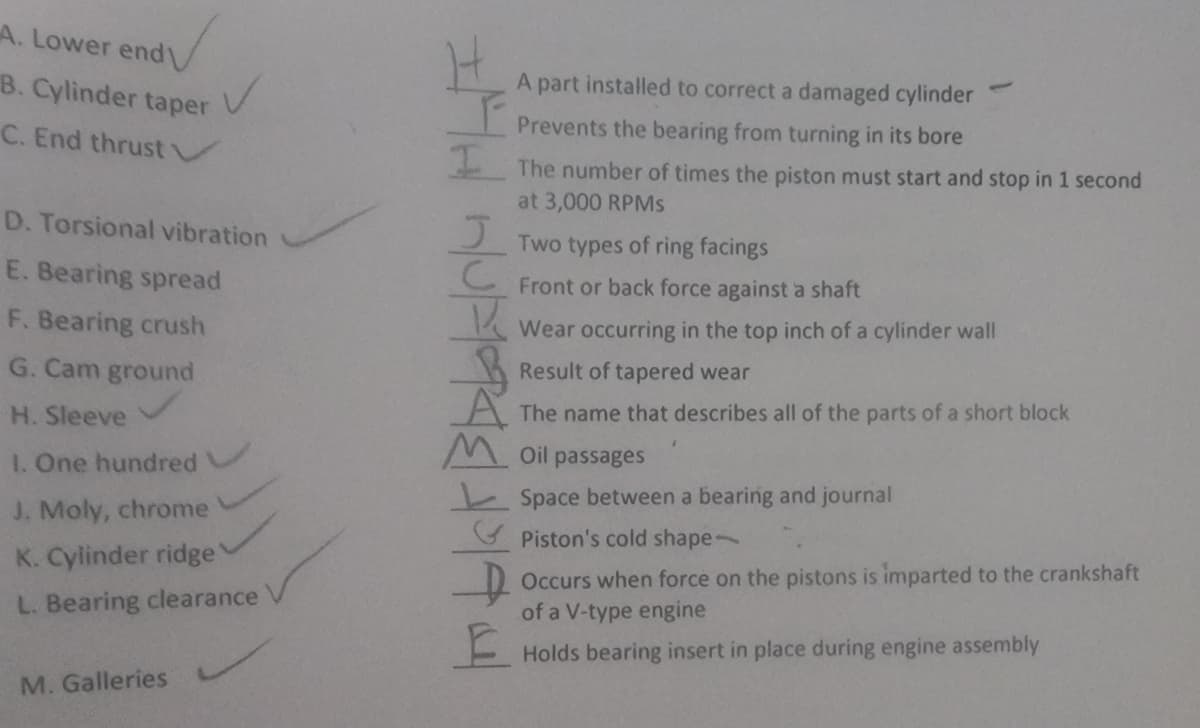 A. Lower endV
B. Cylinder taper
A part installed to correct a damaged cylinder
Prevents the bearing from turning in its bore
C. End thrustV
The number of times the piston must start and stop in 1 second
at 3,000 RPMS
D. Torsional vibration
Two types of ring facings
E. Bearing spread
Front or back force against a shaft
F. Bearing crush
Wear occurring in the top inch of a cylinder wall
G. Cam ground
Result of tapered wear
A The name that describes all of the parts of a short block
H. Sleeve
M Oil passages
1. One hundred
Space between a bearing and journal
J. Moly, chrome
Piston's cold shape-
Occurs when force on the pistons is imparted to the crankshaft
of a V-type engine
K. Cylinder ridge
L. Bearing clearance
Holds bearing insert in place during engine assembly
M. Galleries
