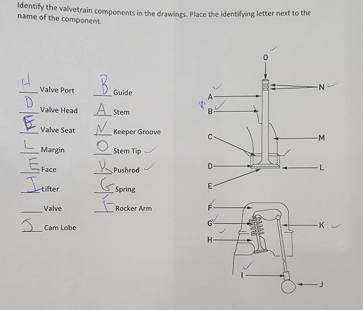 Identify the valvetrain components in the drawings. Place the identifying letter next to the
name of the component.
B
-N
Valve Port
Guide
Valve Head
A Stem
Valve Seat
Keeper Groove
C-
Margin
Stem Tip
EFace
D-
Pushrod
6.
トリ
E-
tifter
Spring
F-
Valve
Rocker Arm
ーKu
Cam Lobe
H-
