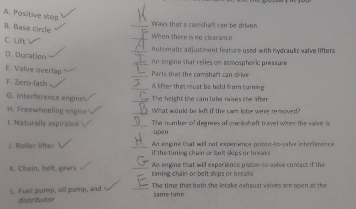 A. Positive stop
Ways that a camshaft can be driven
B. Base circle
When there is no clearance
C. Lift
Automatic adjustment feature used with hydraulic valve lifters
D. Duration
An engine that relies on atmospheric pressure
E. Valve overlap
Parts that the camshaft can drive
F. Zero-lash
A lifter that must be held from turning
G. Interference engineV
The height the cam lobe raises the lifter
12 What would be left if the cam lobe were removed?
H. Freewheeling engine
1. Naturally aspirated V
The number of degrees of crankshaft travel when the valve is
open
An engine that will not experience piston-to-valve interference
if the timing chain or belt skips or breaks
J. Roller lifter
An engine that will experience piston-to-valve contact if the
timing chain or belt skips or breaks
K. Chain, belt, gears
The time that both the intake exhaust valves are open at the
L Fuel pump, oil pump, and
distributor
same time
