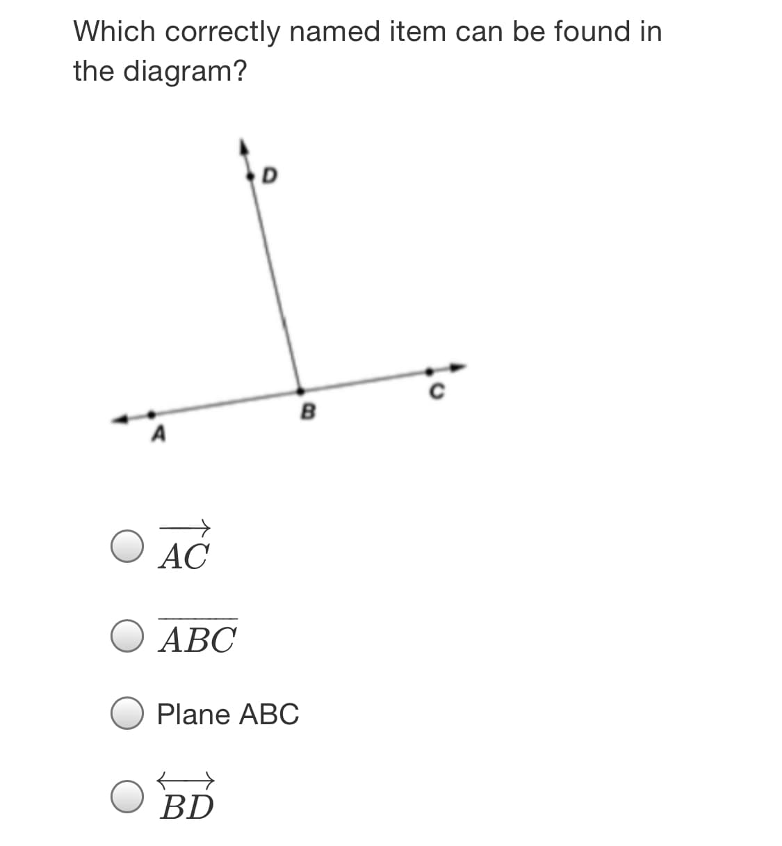 Which correctly named item can be found in
the diagram?
D
B
A
АС
ABC
Plane ABC
BD
