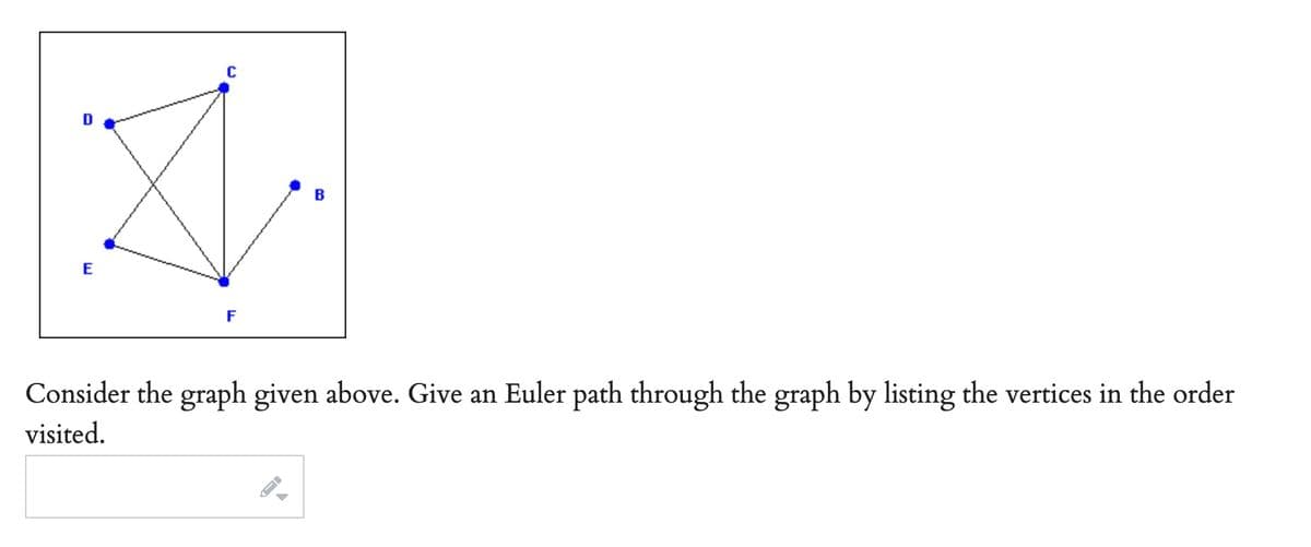 D
E
C
F
B
Consider the graph given above. Give an Euler path through the graph by listing the vertices in the order
visited.