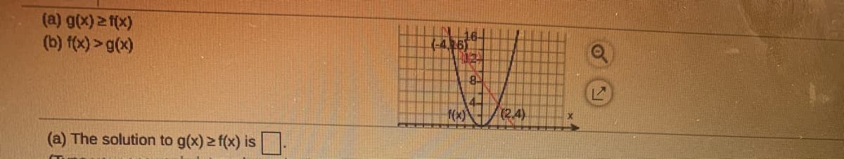 (a) g(x) 2 f(x)
(b) f(x) >g(x)
16-
7-4161
12
(2.4)
(a) The solution to g(x) f(x) is-
