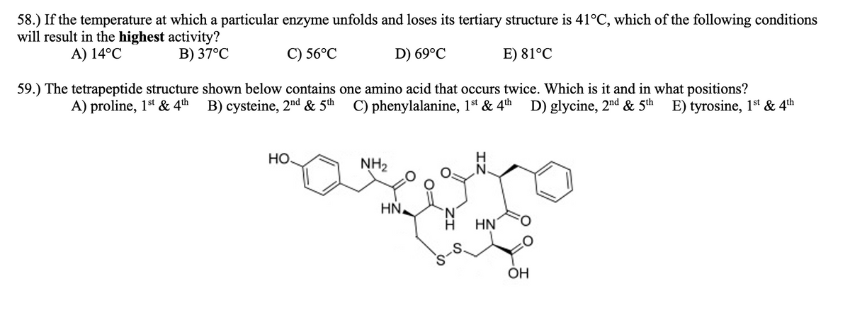 58.) If the temperature at which a particular enzyme unfolds and loses its tertiary structure is 41°C, which of the following conditions
will result in the highest activity?
B) 37°C
А) 14°C
С) 56°C
D) 69°C
E) 81°C
59.) The tetrapeptide structure shown below contains one amino acid that occurs twice. Which is it and in what positions?
B) cysteine, 2nd & 5th C) phenylalanine, 1t & 4th
A) proline, 1t & 4th
D) glycine, 2nd & 5th
E) tyrosine, 1st & 4th
но.
NH2
HN.
N.
HN
OH
