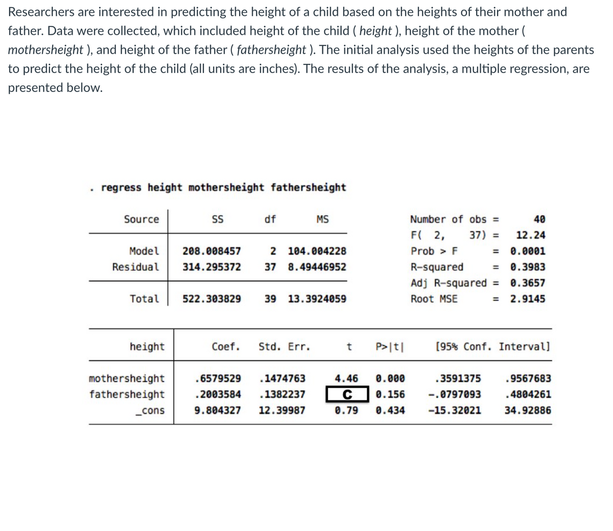 Researchers are interested in predicting the height of a child based on the heights of their mother and
father. Data were collected, which included height of the child (height ), height of the mother (
mothersheight), and height of the father (fathersheight ). The initial analysis used the heights of the parents
to predict the height of the child (all units are inches). The results of the analysis, a multiple regression, are
presented below.
.
regress height mothersheight fathersheight
Source
Model
Residual
Total
height
mothersheight
fathersheight
_cons
SS
208.008457
314.295372
522.303829
df
104.004228
2
37 8.49446952
MS
39 13.3924059
Coef. Std. Err.
.6579529
1474763
.2003584
1382237
9.804327 12.39987
t P>|t|
4.46 0.000
C 0.156
0.79 0.434
Number of obs =
F( 2,
37) =
Prob > F
R-squared
Adj R-squared =
Root MSE
=
3591375
-.0797093
-15.32021
40
12.24
0.0001
0.3983
0.3657
2.9145
[95% Conf. Interval]
.9567683
4804261
34.92886