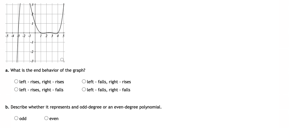 3-
-5 -4 -3 -2 -1
1 2
-2
-3+
a. What is the end behavior of the graph?
O left - rises, right - rises
left - falls, right - rises
O left - rises, right - falls
O left - falls, right - falls
b. Describe whether it represents and odd-degree or an even-degree polynomial.
odd
even
