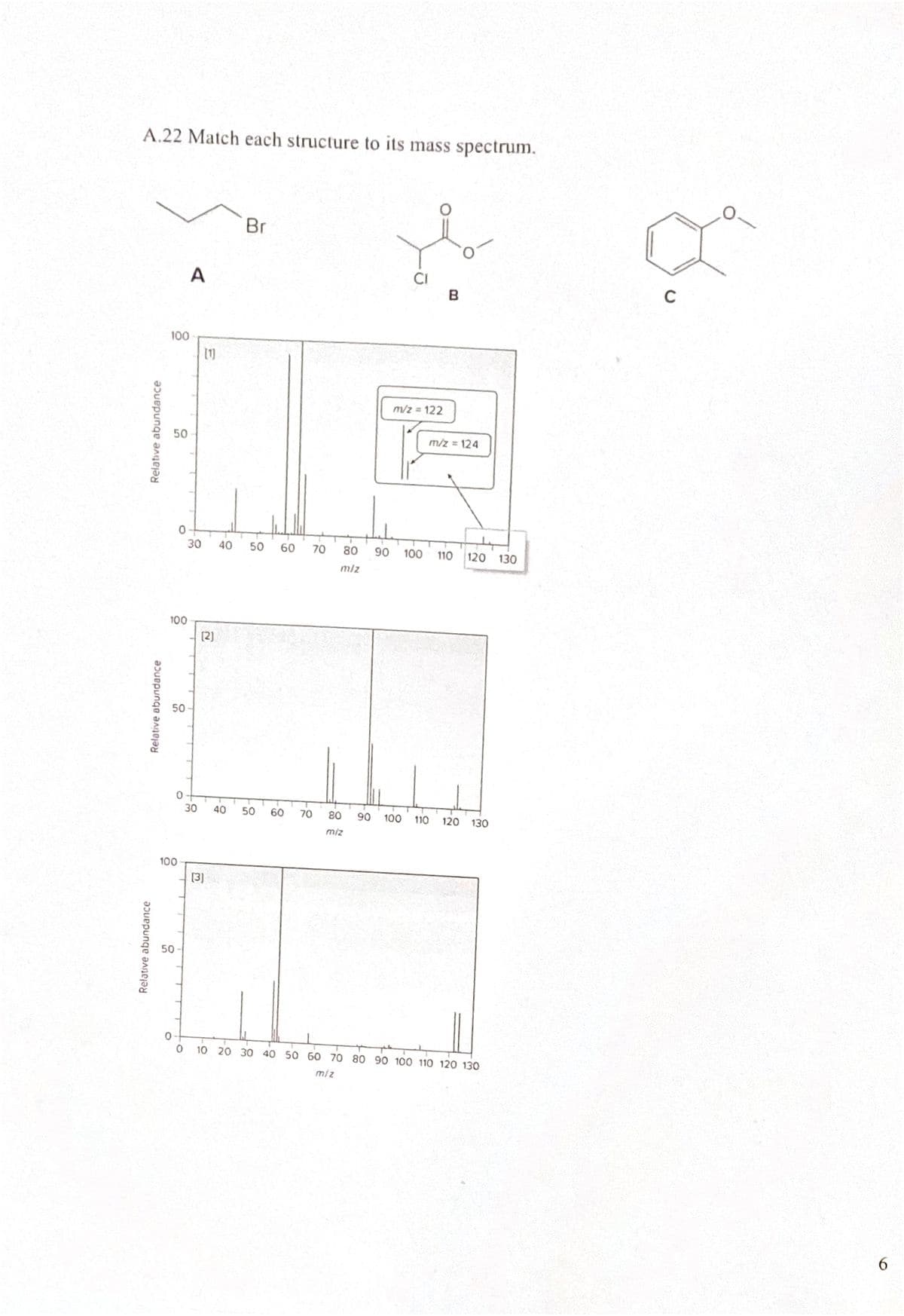 Relative abundance
Relative abundance
Relative abundance
A.22 Match each structure to its mass spectrum.
A
Br
100
[1]
50
0
30
40
50
100
[2]
50
m/z = 122
B
m/z = 124
60
60
70
80
m/z
90 100
110 120 130
30
40
50
60 70
80 90 100 110 120 130
miz
100
[3]
50
0
0
10 20 30 40 50 60 70 80 90 100 110 120 130
m/z
C
6