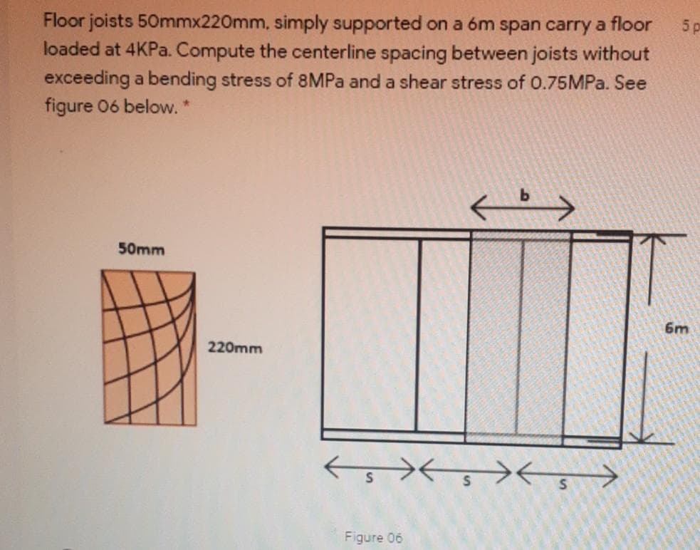 Floor joists 50mmx220mm, simply supported on a óm span carry a floor
loaded at 4KPa. Compute the centerline spacing between joists without
exceeding a bending stress of 8MPA and a shear stress of 0.75MPA. See
figure 06 below.*
5p
50mm
6m
220mm
->
S
Figure 06
