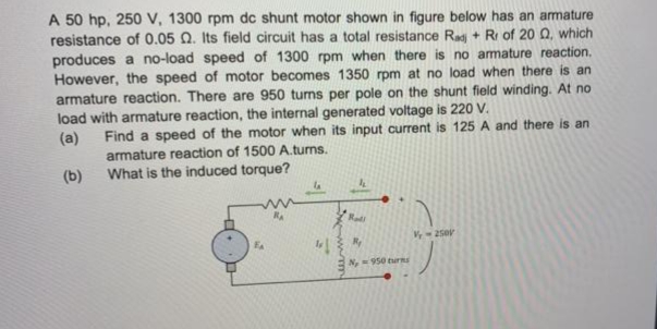 A 50 hp, 250 V, 1300 rpm dc shunt motor shown in figure below has an amature
resistance of 0.05 Q. Its field circuit has a total resistance Rad + Ri of 20 Q, which
produces a no-load speed of 1300 rpm when there is no amature reaction.
However, the speed of motor becomes 1350 rpm at no load when there is an
armature reaction. There are 950 turns per pole on the shunt field winding. At no
load with armature reaction, the internal generated voltage is 220 V.
(a)
Find a speed of the motor when its input current is 125 A and there is an
armature reaction of 1500 A.turns.
What is the induced torque?
(b)
Radi
-25o
N950 turns
