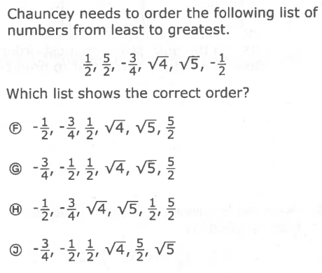 Chauncey needs to order the following list of
numbers from least to greatest.
15 -2, V4, V5, -
Which list shows the correct order?
1 .3
® -즐,- 글, V4, V5, 을
(F
-흙-글, 글, V4, V5, 을
1 1
4 2' 2
® - va, V5, §,
'2' 2
3
1 1
2
41
글, 글, V4, %, V5
