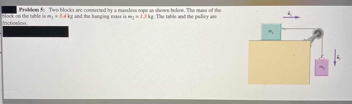 Problem 5: Two blocks are connected by a massless rope as shown below. The mass of the
block on the table is m1 = 3.4 kg and the hanging mass is m2 = 1.3 kg. The table and the pulley are
frictionless.
m,
m2
