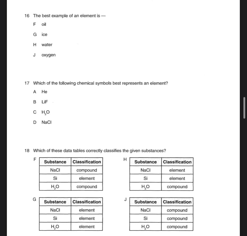 16 The best example of an element is –
F oil
G ice
H water
J oxygen
17 Which of the following chemical symbols best represents an element?
A He
B LiF
с но
D NaCI
18 Which of these data tables correctly classifies the given substances?
F
Substance Classification
H
Substance Classification
NaCI
compound
NacI
element
Si
element
Si
element
H,O
compound
H,O
compound
G
Substance
Classification
Substance Classification
NaCI
element
NaCI
compound
Si
element
Si
compound
H,O
element
compound
