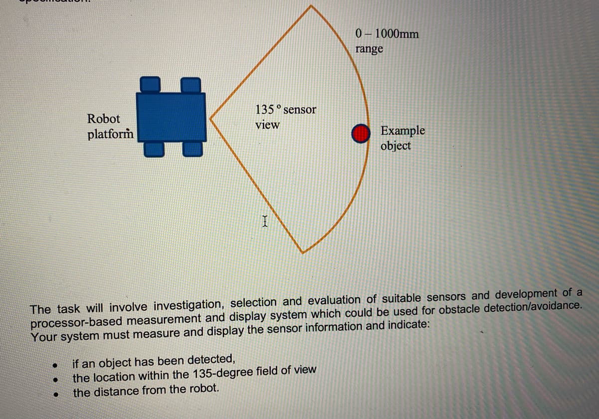 Robot
platform
0-1000mm
range
135° sensor
view
Example
object
I
The task will involve investigation, selection and evaluation of suitable sensors and development of a
processor-based measurement and display system which could be used for obstacle detection/avoidance.
Your system must measure and display the sensor information and indicate:
if an object has been detected,
the location within the 135-degree field of view
the distance from the robot.