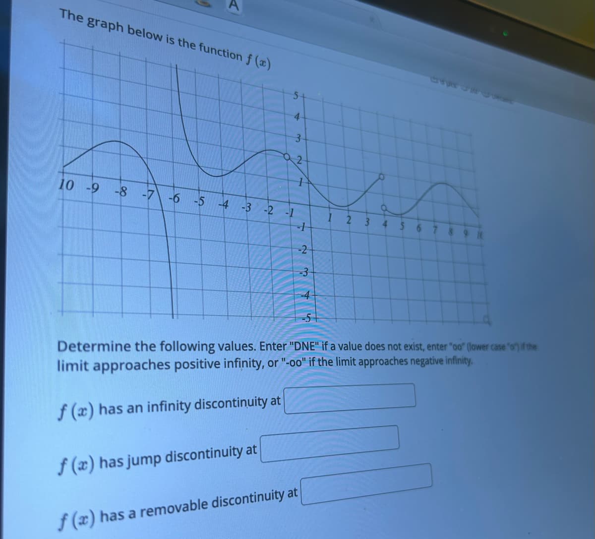 The graph below is the function f (x)
10 -9
5-
4
3
Q2-
1
-8 -7 -6 -5 -4 -3 -2 -1
-1
-2
f(x) has jump discontinuity at
f (x) has a removable discontinuity at
-3
-4-
-5+
1
2
3
6+4
56 78
Determine the following values. Enter "DNE" if a value does not exist, enter "oo" (lower case "o") if the
limit approaches positive infinity, or "-oo" if the limit approaches negative infinity.
f (x) has an infinity discontinuity at