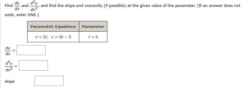 d²y
Find and
dx
and find the slope and concavity (if possible) at the given value of the parameter. (If an answer does not
dx²¹
exist, enter DNE.)
dy
dx
d²y
dx²
slope
Parametric Equations
x = 2t, y = 9t - 5
Parameter
t = 9