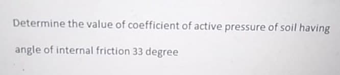 Determine the value of coefficient of active pressure of soil having
angle of internal friction 33 degree