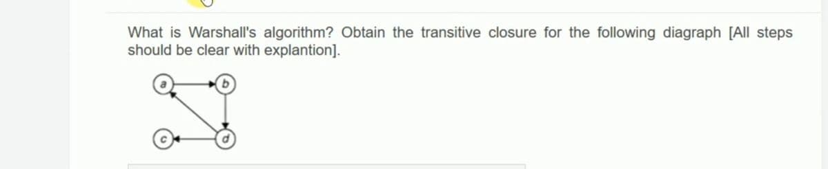 What is Warshall's algorithm? Obtain the transitive closure for the following diagraph [All steps
should be clear with explantion].
I