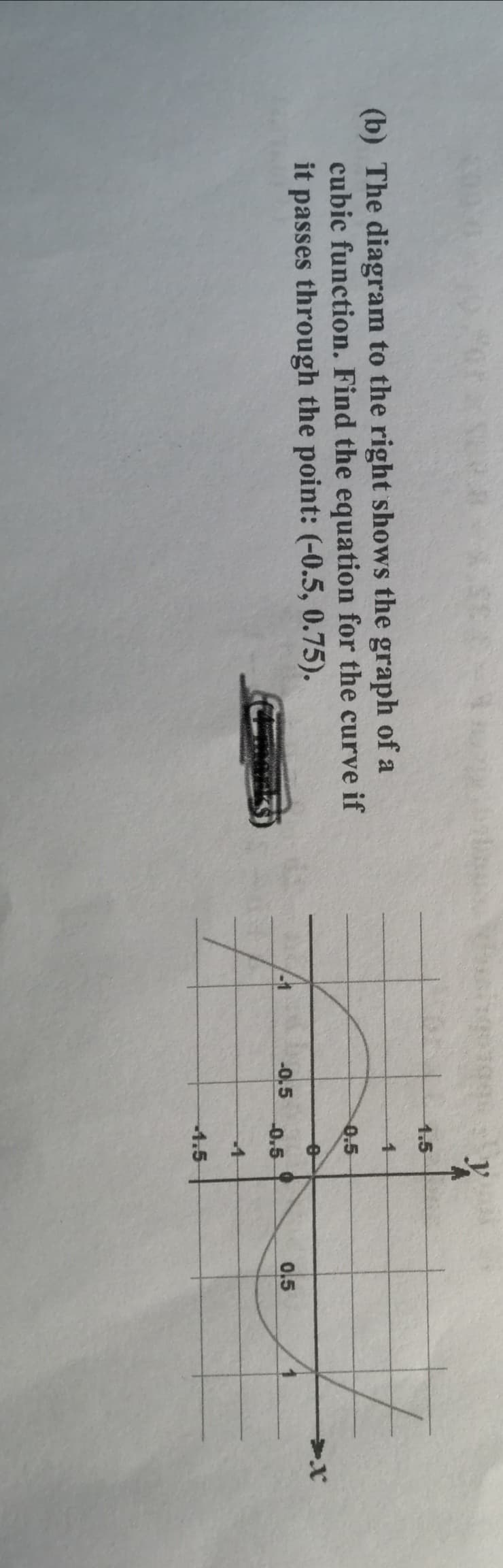 4.5
(b) The diagram to the right shows the graph of a
cubic function. Find the equation for the curve if
0.5
it passes through the point: (-0.5, 0.75).
-0,5
0.5
0.5
4.5
