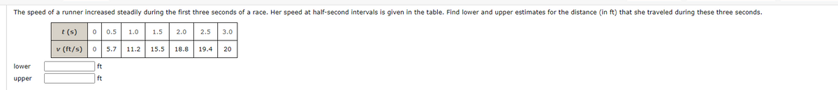 The speed of a runner increased steadily during the first three seconds of a race. Her speed at half-second intervals is given in the table. Find lower and upper estimates for the distance (in ft) that she traveled during these three seconds.
t (s)
0.5
1.0
1.5
2.0
2.5
3.0
v (ft/s)
5.7
11.2
15.5
18.8
19.4
20
lower
ft
upper
ft
