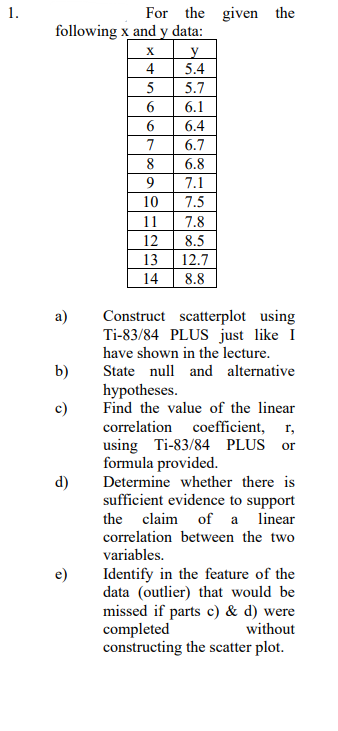 1.
For the given the
following x and y data:
X
4
5.4
5
5.7
6.1
6.4
7
6.7
8
6.8
9
7.1
10
7.5
11
7.8
12
8.5
13
12.7
14
8.8
Construct scatterplot using
Ti-83/84 PLUS just like I
have shown in the lecture.
b)
a)
State null and alternative
hypotheses.
Find the value of the linear
c)
correlation coefficient,
using Ti-83/84 PLUS or
formula provided.
r,
d)
Determine whether there is
sufficient evidence to support
the claim of a linear
correlation between the two
variables.
Identify in the feature of the
data (outlier) that would be
missed if parts c) & d) were
completed
constructing the scatter plot.
without
