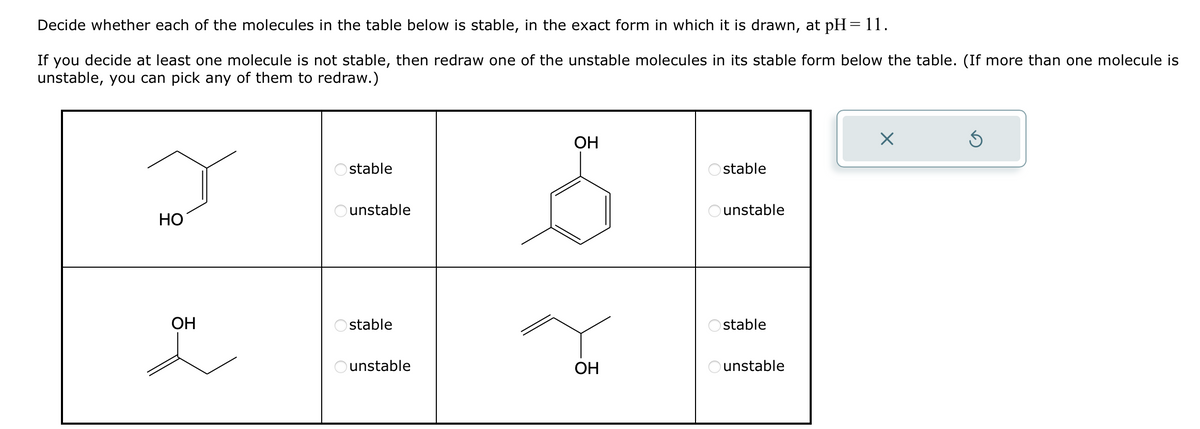 Decide whether each of the molecules in the table below is stable, in the exact form in which it is drawn, at pH=11.
If you decide at least one molecule is not stable, then redraw one of the unstable molecules in its stable form below the table. (If more than one molecule is
unstable, you can pick any of them to redraw.)
HO
OH
stable
Ounstable
stable
unstable
OH
OH
Ostable
unstable
stable
unstable
X