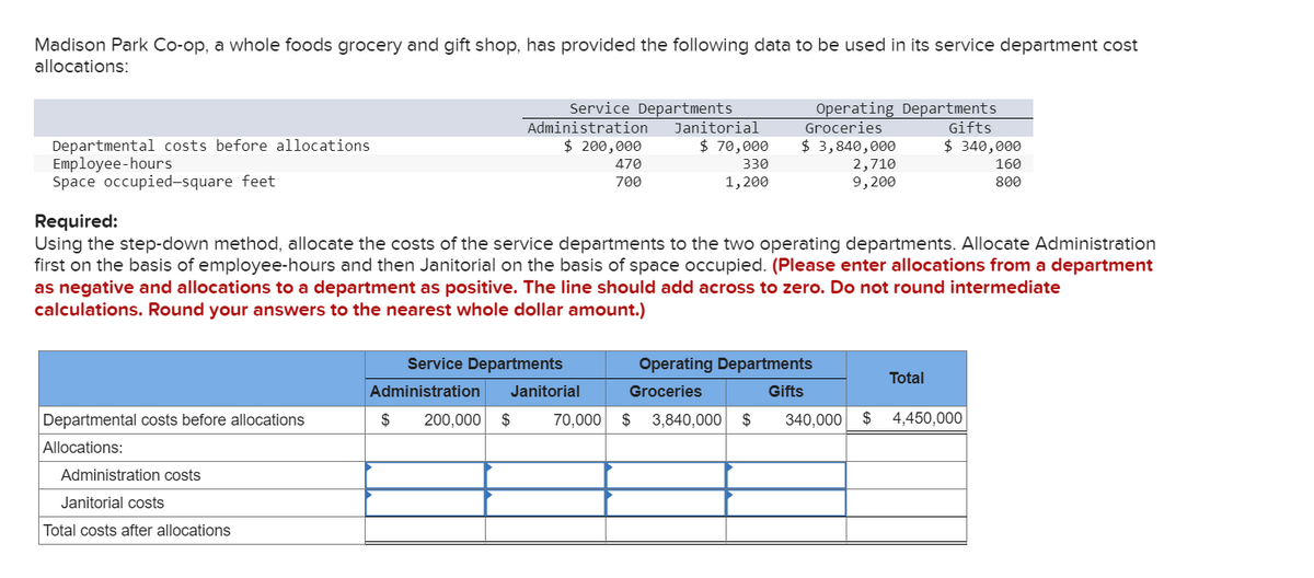 Madison Park Co-op, a whole foods grocery and gift shop, has provided the following data to be used in its service department cost
allocations:
Departmental costs before allocations
Allocations:
Service Departments
Janitorial
$ 70,000
330
1,200
Administration costs
Janitorial costs
Total costs after allocations
Administration
$ 200,000
470
700
Departmental costs before allocations
Employee-hours
Space occupied-square feet
Required:
Using the step-down method, allocate the costs of the service departments to the two operating departments. Allocate Administration
first on the basis of employee-hours and then Janitorial on the basis of space occupied. (Please enter allocations from a department
as negative and allocations to a department as positive. The line should add across to zero. Do not round intermediate
calculations. Round your answers to the nearest whole dollar amount.)
Service Departments
Administration Janitorial
Operating Departments
Groceries
Gifts
$ 340,000
$ 3,840,000
2,710
9,200
160
800
Operating Departments
Groceries
Gifts
$ 200,000 $ 70,000 $3,840,000 $
Total
340,000 $4,450,000