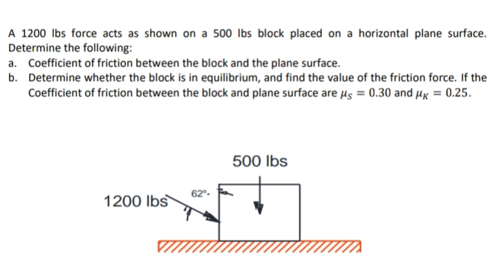 A 1200 Ibs force acts as shown on a 500 Ibs block placed on a horizontal plane surface.
Determine the following:
a. Coefficient of friction between the block and the plane surface.
b. Determine whether the block is in equilibrium, and find the value of the friction force. If the
Coefficient of friction between the block and plane surface are us = 0.30 and Hx = 0.25.
500 lbs
62°-
1200 lbs
