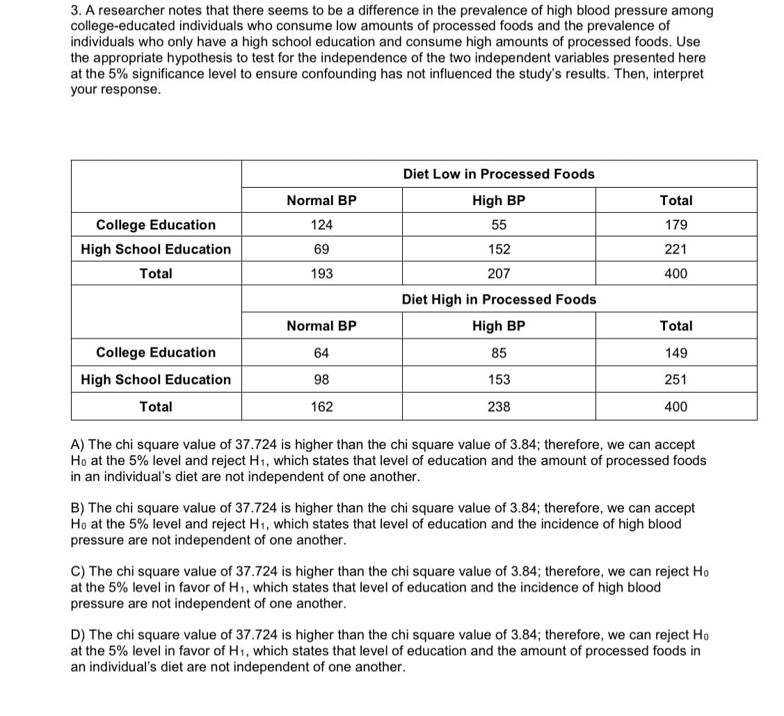 3. A researcher notes that there seems to be a difference in the prevalence of high blood pressure among
college-educated individuals who consume low amounts of processed foods and the prevalence of
individuals who only have a high school education and consume high amounts of processed foods. Use
the appropriate hypothesis to test for the independence of the two independent variables presented here
at the 5% significance level to ensure confounding has not influenced the study's results. Then, interpret
your response
Diet Low in Processed Foods
Normal BP
High BP
Total
College Education
124
55
179
High School Education
69
152
221
Total
193
207
400
Diet High in Processed Foods
Normal BP
High BP
Total
College Education
64
85
149
High School Education
98
153
251
Total
162
238
400
A) The chi square value of 37.724 is higher than the chi square value of 3.84; therefore, we can accept
Ho at the 5% level and reject H1, which states that level of education and the amount of processed foods
in an individual's diet are not independent of one another
B) The chi square value of 37.724 is higher than the chi square value of 3.84; therefore, we can accept
Ho at the 5% level and reject H1, which states that level of education and the incidence of high blood
pressure are not independent of one another.
C) The chi square value of 37.724 is higher than the chi square value of 3.84; therefore, we can reject Ho
at the 5% level in favor of H 1, which states that level of education and the incidence of high blood
pressure are not independent of one another
D) The chi square value of 37.724 is higher than the chi square value of 3.84; therefore, we can reject Ho
at the 5% level in favor of H 1, which states that level of education and the amount of processed foods in
an individual's diet are not independent of one another.
