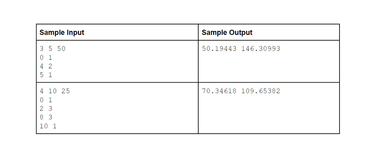 Sample Input
3 5 50
0 1
4 2
5 1
4 10 25
0 1
23
8 3
10 1
Sample Output
50.19443 146.30993
70.34618 109.65382