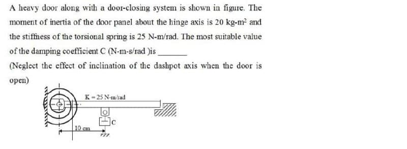 A heavy door along with a door-closing system is shown in figure. The
moment of inertia of the door panel about the hinge axis is 20 kg-m² and
the stiffness of the torsional spring is 25 N-m/rad. The most suitable value
of the damping coefficient C (N-m-s/rad )is_
(Neglect the effect of inclination of the dashpot axis when the door is
open)
K = 25 N-m/rad
10 cm
C