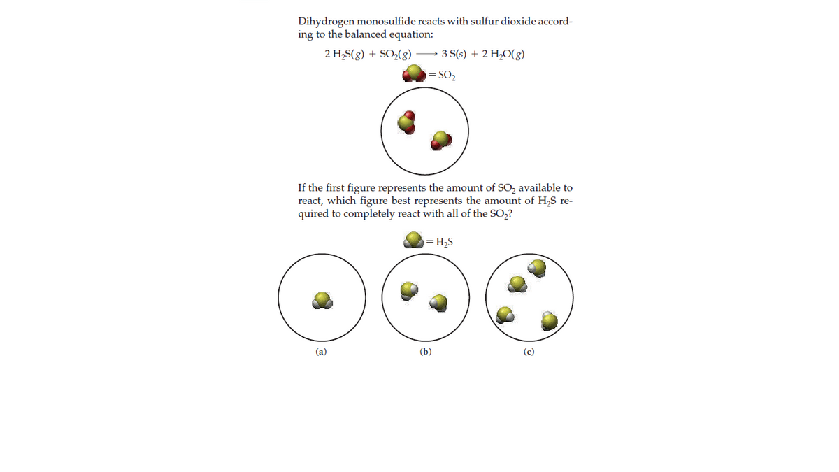 Dihydrogen monosulfide reacts with sulfur dioxide accord-
ing to the balanced equation:
2 H,S(8) + SO2(8)
3 S(s) + 2 H2O(g)
= SO2
If the first figure represents the amount of SO, available to
react, which figure best represents the amount of H,S re-
quired to completely react with all of the SO,?
=H,S
(a)
(b)
(c)
