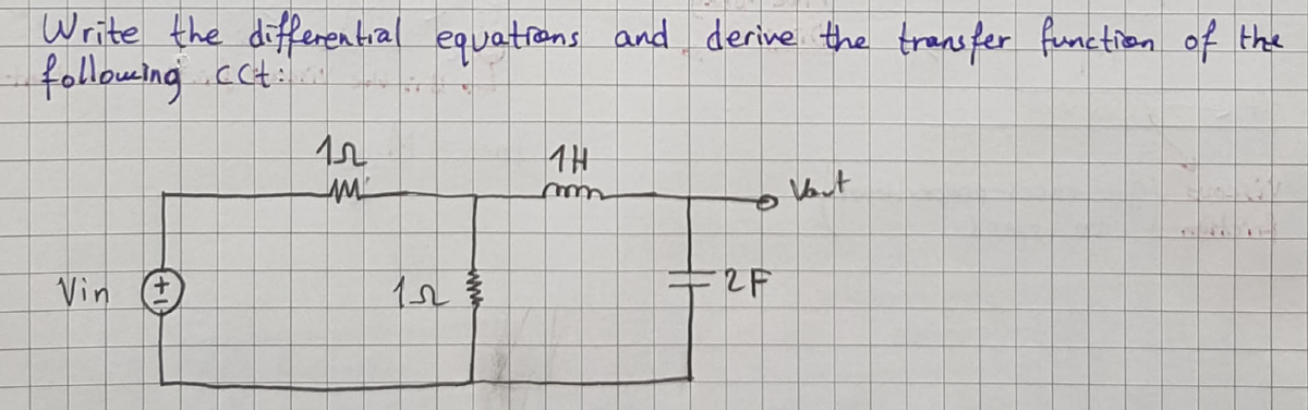 Write the differential equaitrens and derine the trans fer function of the
following.cct
m
Vin
